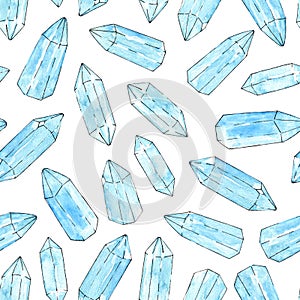 Watercolor and ink blue crystals seamless pattern on the white background. Hand painted aquamarine minerals