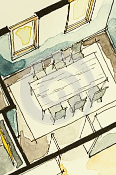 Watercolor ink freehand sketch drawing of partial house floor plan as aquarell painting showing isometric dining room view photo