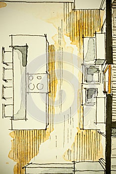 Watercolor ink freehand sketch drawing of partial house floor plan as aquarell painting showing kitchen top view photo