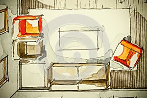 Watercolor ink freehand sketch drawing of partial house floor plan as aquarell painting showing living room with red armchairs photo
