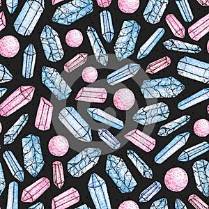 Watercolor and ink hand painted blue and pink gems and crystals seamless pattern on the gray background