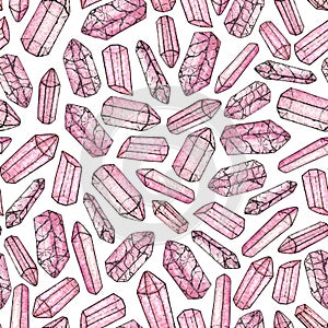 Watercolor and ink hand painted pink gems and crystals seamless pattern