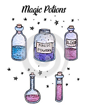 Watercolor and ink hand painted potions and witchy bottles photo