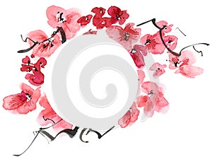 Watercolor and ink illustration of blossom sakura tree with flowers and buds. Oriental traditional painting in style sumi-e, u-sin