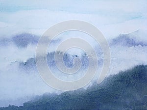 Watercolor ink landscape mountain fog. traditional oriental ink asia art style.hand drawn on paper.