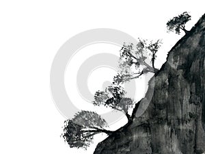 Watercolor ink landscape tree chinese mountain fog . Traditional oriental. asia art style.isolated on a white background