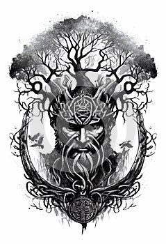 Watercolor ink of northern mythology Yggdrasil tree of life photo