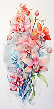 Watercolor and Ink Orchids in Vibrant Pastels. Generative ai