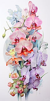 Watercolor and Ink Orchids in Vibrant Pastels. Generative ai