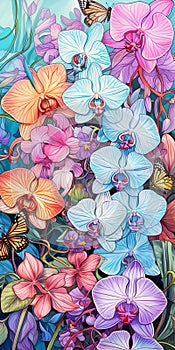Watercolor and Ink Orchids in Vibrant Pastels. Generative ai