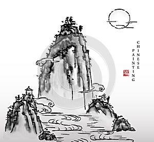 Watercolor ink paint art vector texture illustration landscape of mountain river and moon. Translation for the Chinese word :