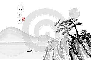 Watercolor ink paint art vector texture illustration landscape view of pine tree on the rock and mountain background. Translation