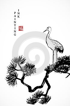 Watercolor ink paint art vector texture illustration pine tree and crane bird. Translation for the Chinese word : Blessing