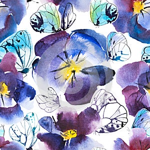 Watercolor and Ink Seamless Pattern Violet and Blue Flower of Pansy and White butterflies. Hand drawn design.