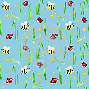 Watercolor Insects seamless pattern with fly ladybug, bee, caterpillar illustration. Hand drawn botanical grass herbs on