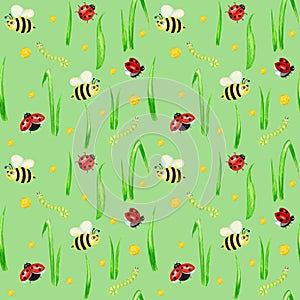 Watercolor Insects seamless pattern with fly ladybug, bee, caterpillar illustration. Hand drawn botanical grass herbs on