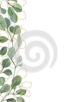 Watercolor inspiration card with hand painted eucalyptus. Green branches and leaves isolated on white background. Floral illustra
