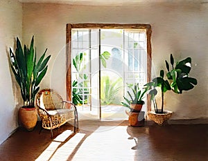 Watercolor of interior de casa estilo boho photo