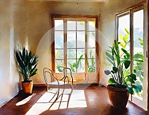 Watercolor of interior de casa estilo boho photo