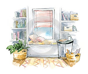 Watercolor interior sketch, a cozy window seat with bookshelves on the side