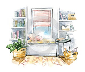 Watercolor interior sketch, a cozy window seat with bookshelves on the side photo