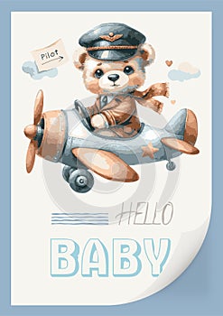 Watercolor invitation card for a baby shower with an illustration of a pilot bear on an airplane. Hello, children s