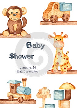 Watercolor invitation card for baby shower with plush and wooden toys