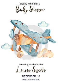 Watercolor invitation card for baby shower with toy airplane