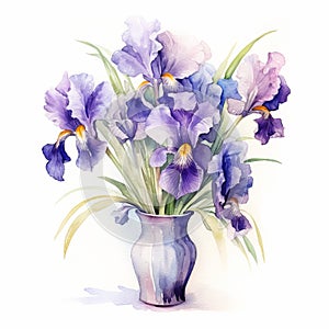 Watercolor Iris Bouquet In Vase
