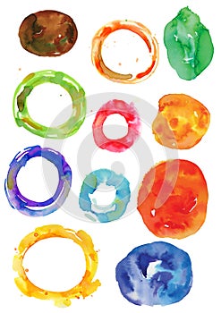Watercolor irregular rings, wheels, vector art frames, spotted abstract shapes