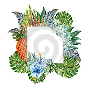 Watercolor Island hawaii maldive beach nature and Coral, leaves tropical plants hand pianting. Colorful isolated set Illustration