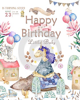 Watercolor isolated cute watercolor unicorn clipart. Nursery unicorns illustration. Princess unicorns poster. Trendy