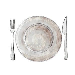 Watercolor isolated illustration of plate with knife and fork