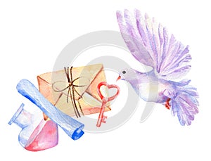 Watercolor isolated set love elements. Letter, envelope, robe, key, bottle, paper, dove bird flying. Valentine`s day