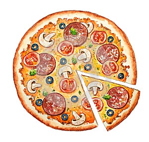 Watercolor Italian pizza. Beef snack with salami, olive,  sausage, cheese, mushroom, bacon and vegetables
