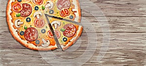 Watercolor Italian pizza  on wooden background. Beef snack with salami, olive,  sausage, cheese, mushroom, bacon and vegetables.