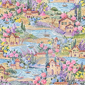 Watercolor Italian summer landscape seamless pattern