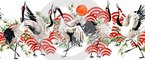 Watercolor Japanese crane bird seamless pattern