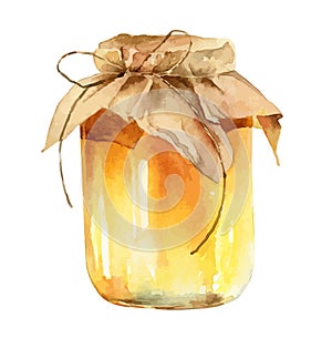 Watercolor jar of honey on white background
