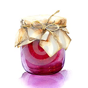 Watercolor jar with a red berries jam photo