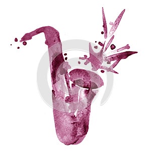 Watercolor jazz illustration of maroon wine classical alt saxophone