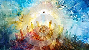 Watercolor of Jesus\' transfiguration on mountaintop.