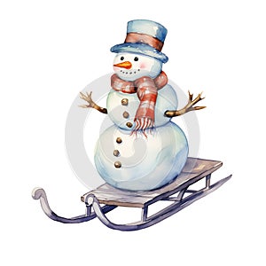 Watercolor jolly snowman on a sled isolated on white background
