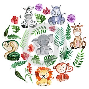 Watercolor jungle friends Animals, africa, tropical leaves