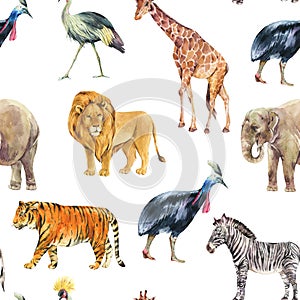 Watercolor jungle, safari animals summer seamless pattern