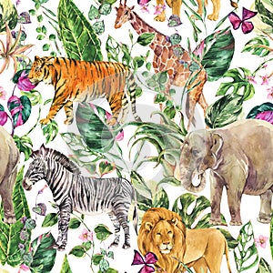 Watercolor jungle seamless pattern, safari animals floral summer texture