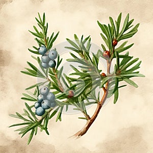 Watercolor Juniper Branch Illustration With Daguerreotype Style And Symbolism