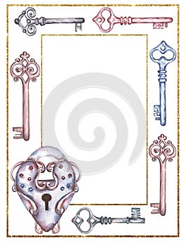 Watercolor keys and padlock frame clipart. Vintage key and lock border illustration