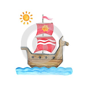 Watercolor kid`s illustration with ship. Vector
