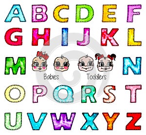 Watercolor kids alphabet isolated, boy, girl faces